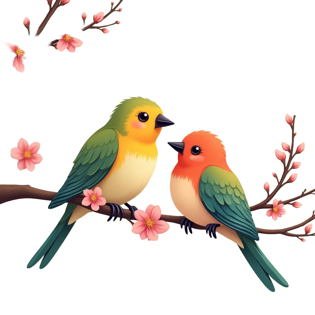 Colorful Birds on a Blossoming Branch